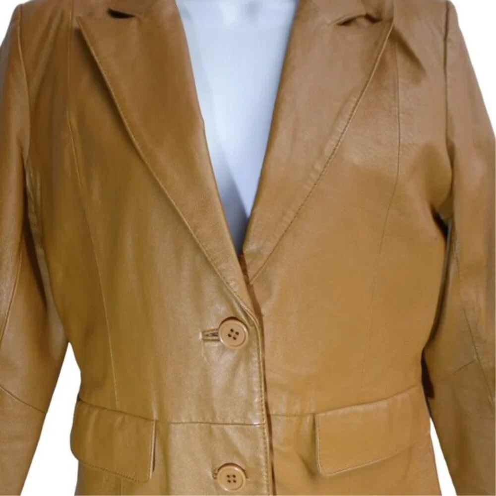 Vintage Cognac Leather Blazer Jacket Bagatelle 70s Style Flapped Pockets Lined 4